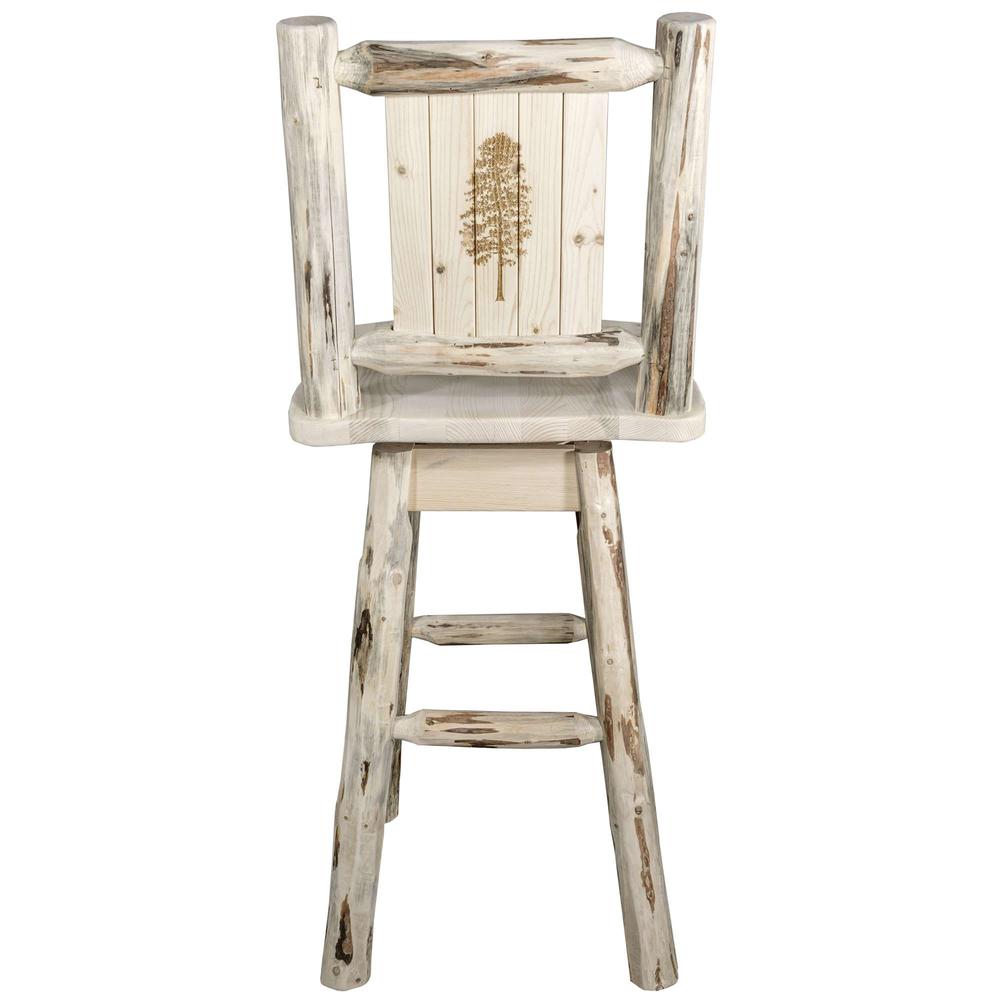 Montana Collection Counter Height Barstool w/ Back & Swivel w/ Laser Engraved Pine Tree Design, Clear Lacquer Finish. Picture 2