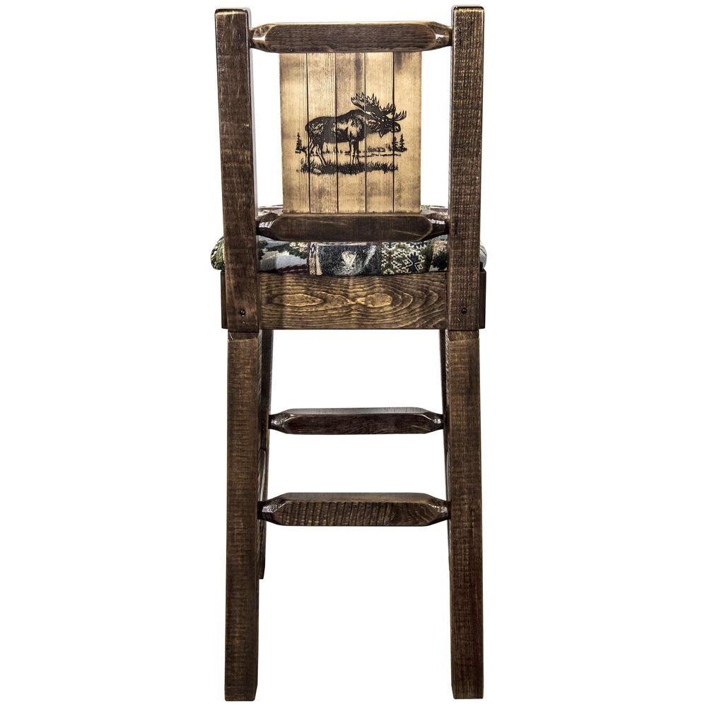 Homestead Collection Counter Height Barstool w/ Back - Woodland Upholstery, w/ Laser Engraved Moose Design. Picture 2