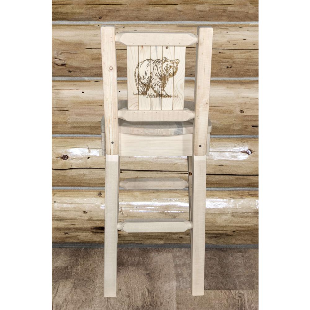 Homestead Collection Counter Height Barstool w/ Back, w/ Laser Engraved Bear Design, Clear Lacquer Finish. Picture 7