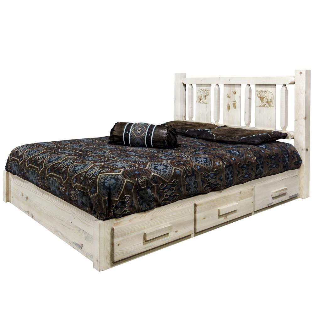 Homestead Collection Platform Bed w/ Storage, California King w/ Laser Engraved Bear Design, Clear Lacquer Finish. Picture 3