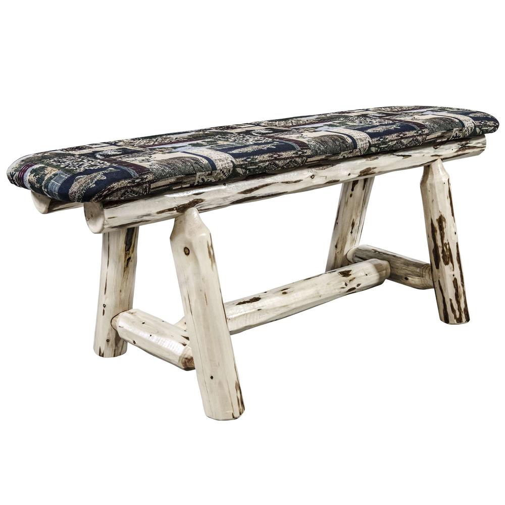 Montana Collection Plank Style Bench, Clear Lacquer Finish, 45 Inch w/ Woodland Upholstery. Picture 1