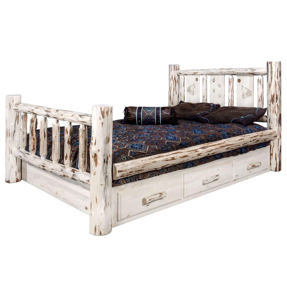 Montana Collection Twin Storage Bed w/ Laser Engraved Wolf Design, Clear Lacquer Finish. Picture 3