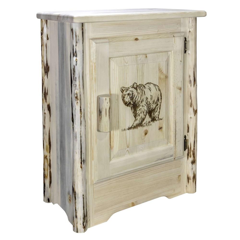 Montana Collection Accent Cabinet w/ Laser Engraved Bear Design, Right Hinged, Clear Lacquer Finish. Picture 3