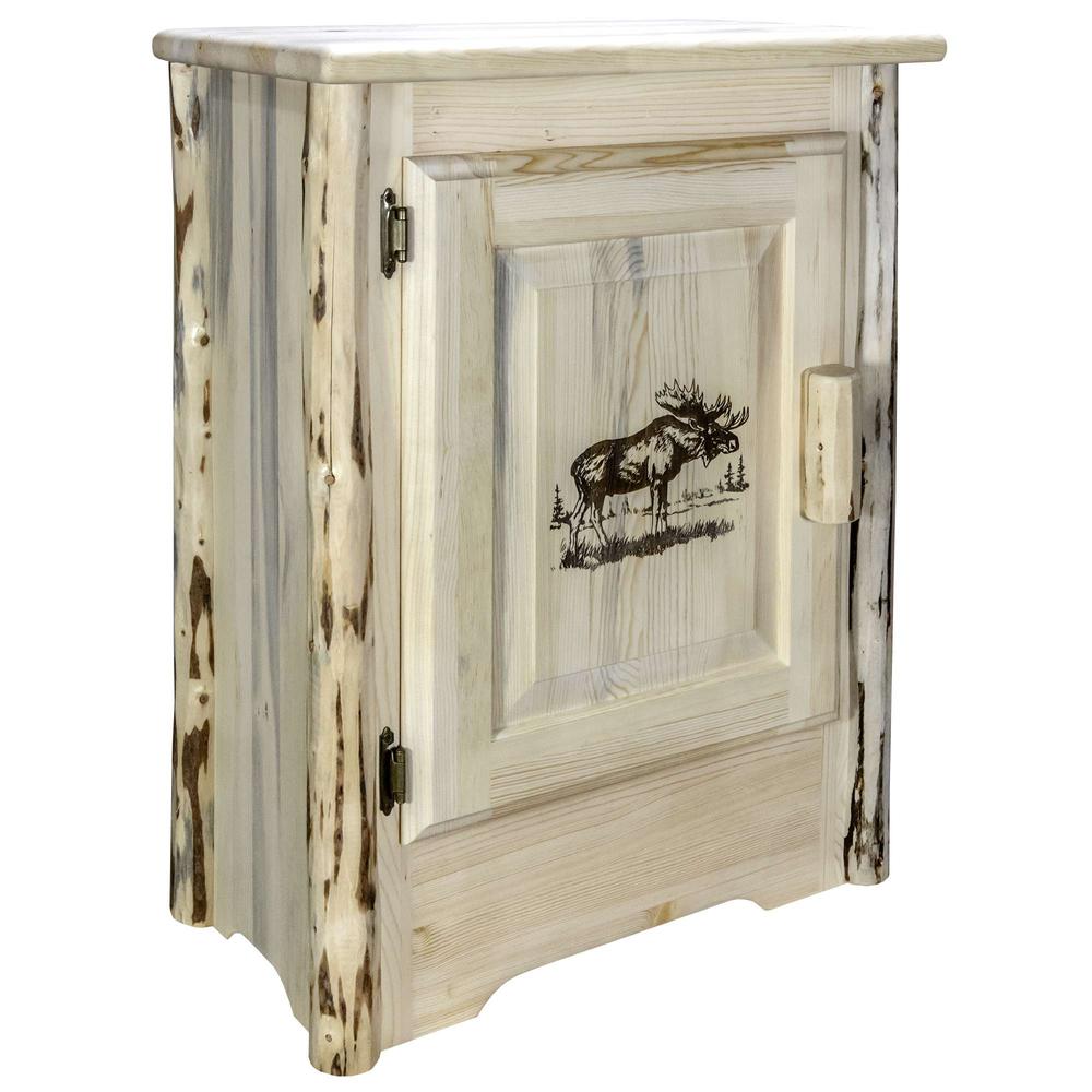 Montana Collection Accent Cabinet w/ Laser Engraved Moose Design, Left Hinged, Clear Lacquer Finish. Picture 1
