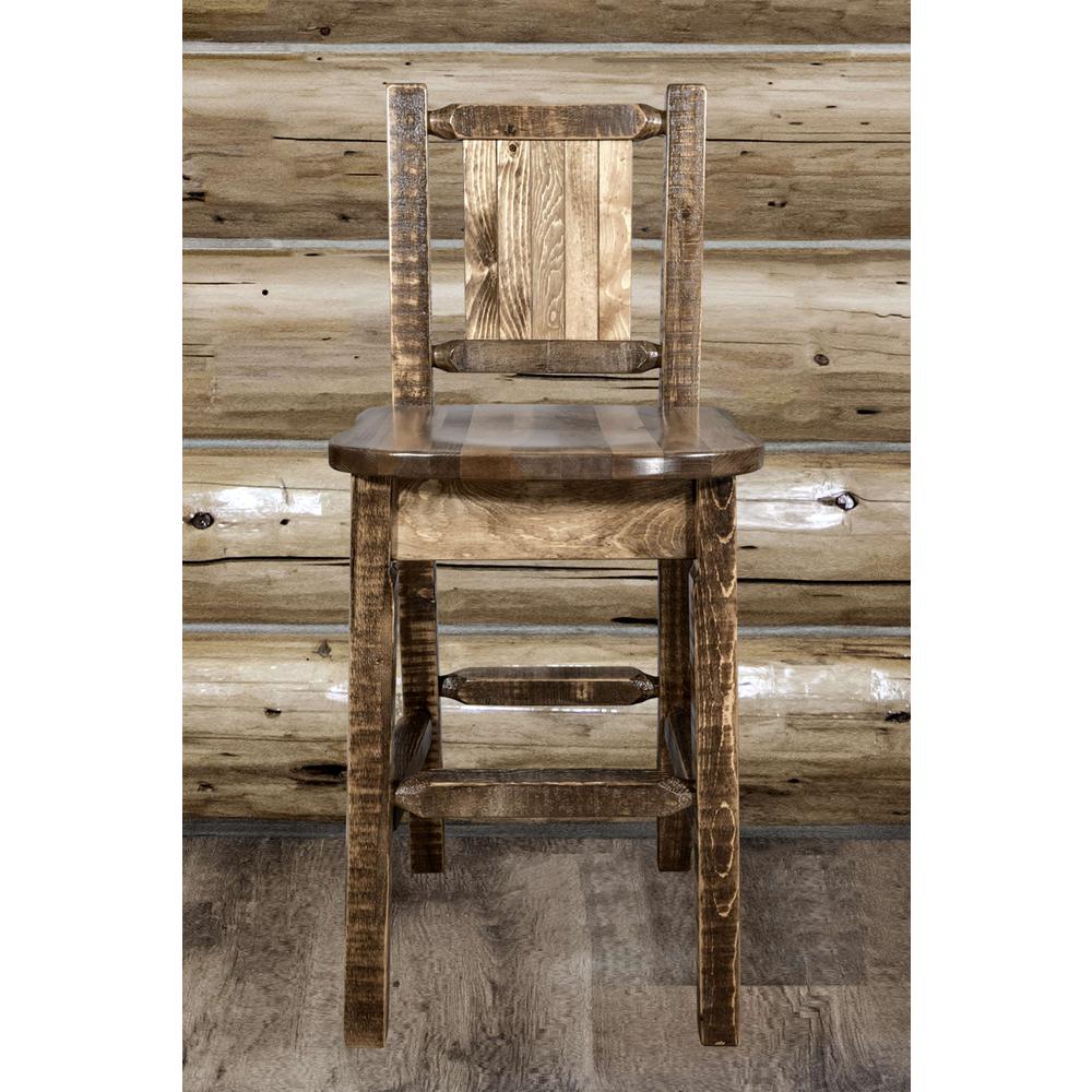 Homestead Collection Counter Height Barstool w/ Back, w/ Laser Engraved Bear Design, Stain & Lacquer Finish. Picture 9