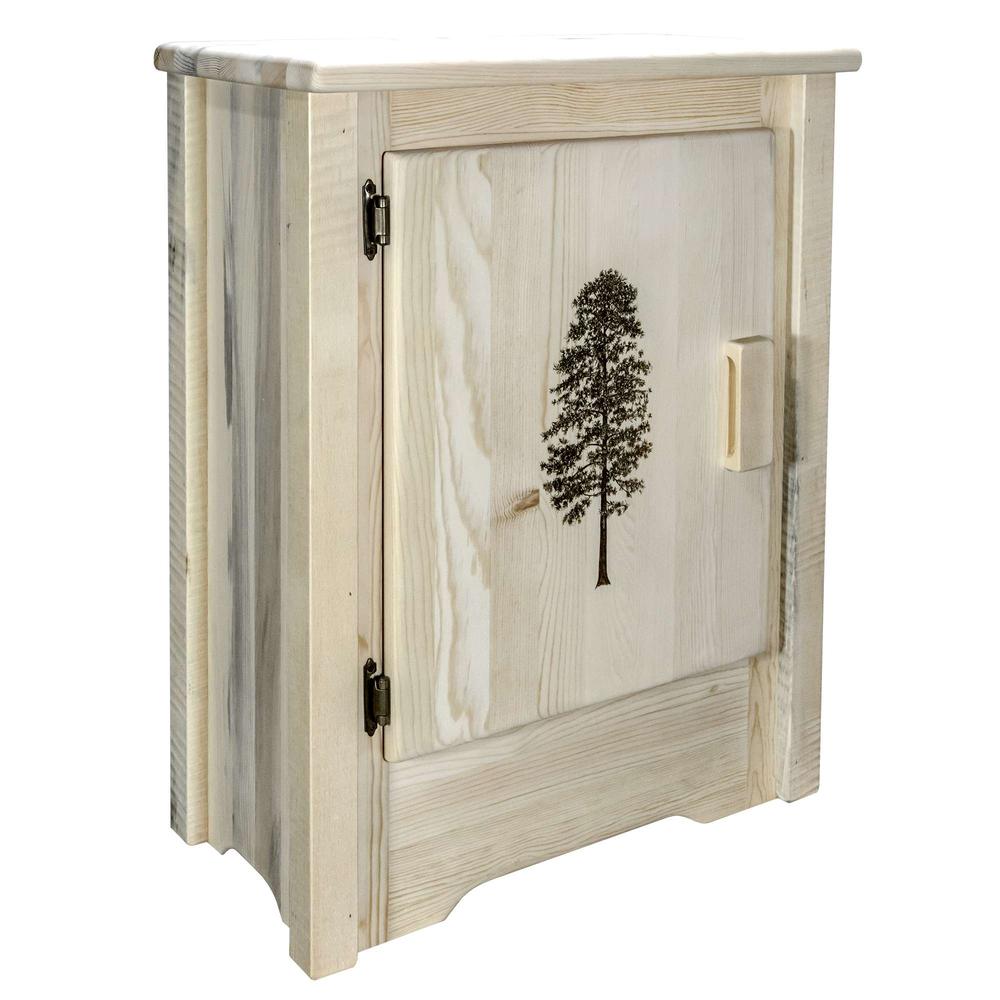 Homestead Collection Accent Cabinet w/ Laser Engraved Pine Design, Left Hinged, Clear Lacquer Finish. Picture 1