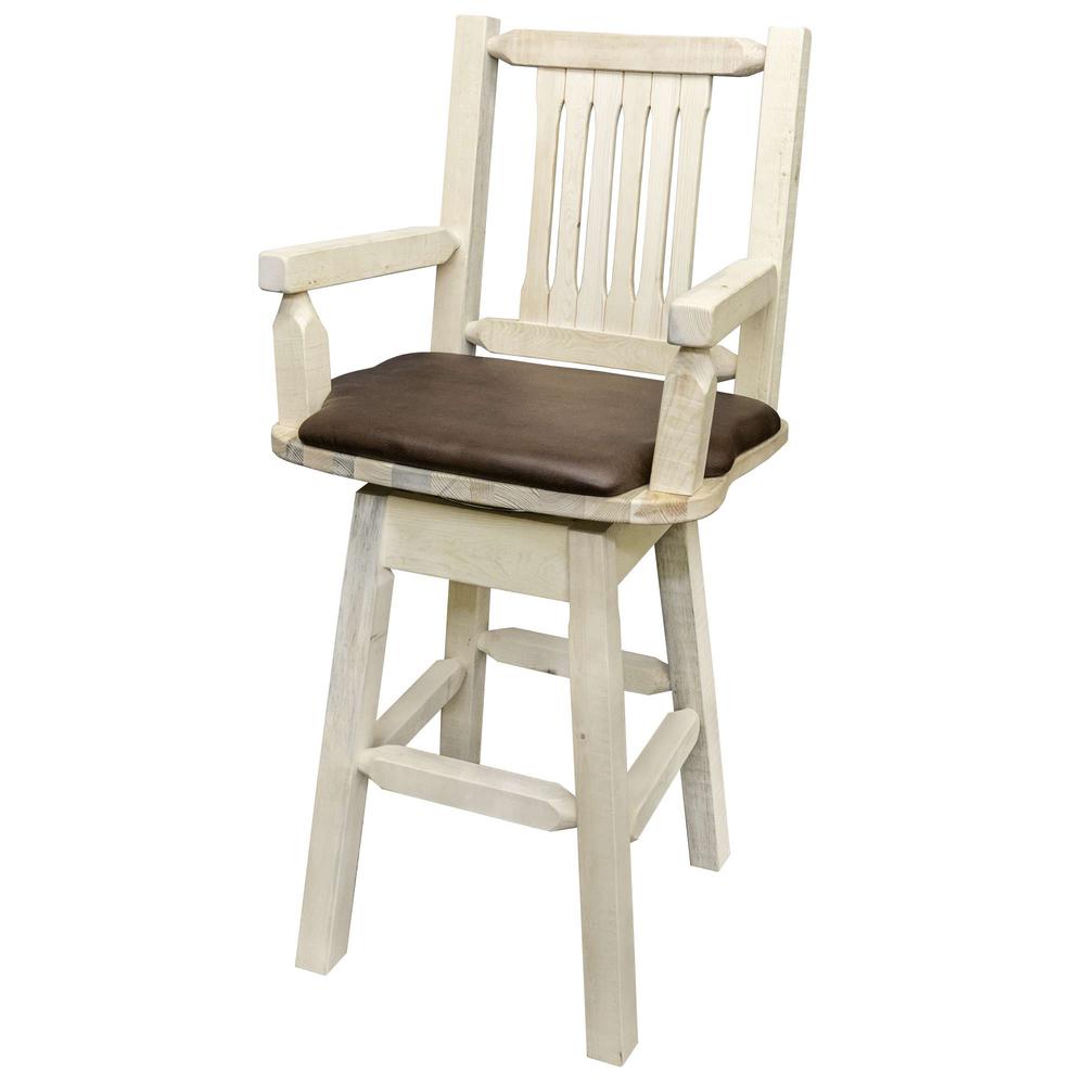 Homestead Collection Captain's Barstool w/ Back & Swivel, Clear Lacquer Finish w/ Upholstered Seat, Saddle Pattern. Picture 3