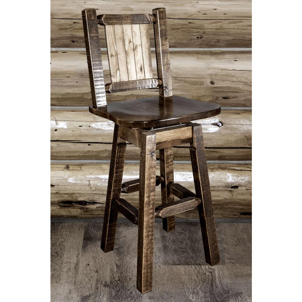 Homestead Collection Counter Height Barstool w/ Back & Swivel w/ Laser Engraved Bronc Design, Stain & Lacquer Finish. Picture 8