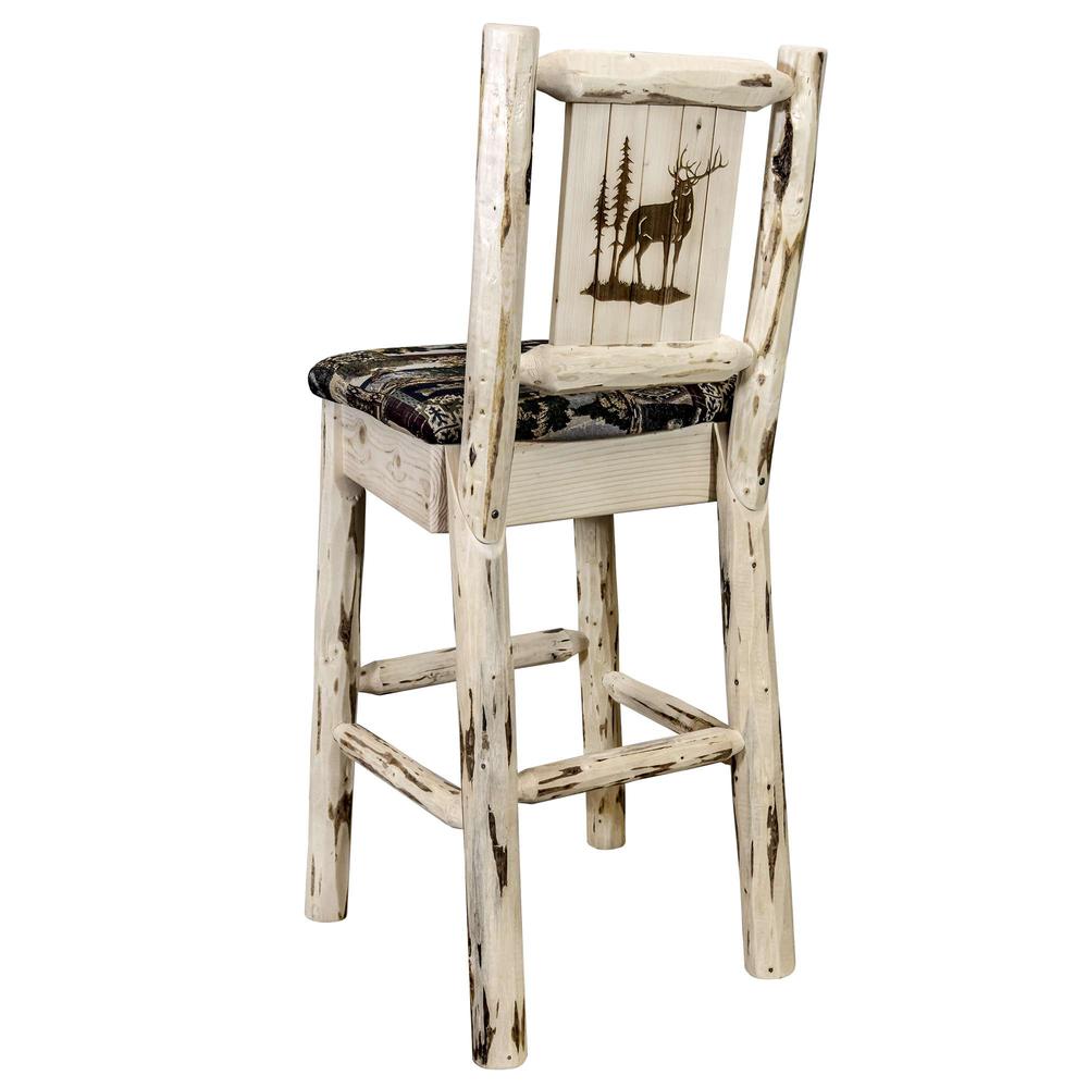 Montana Collection Barstool w/ Back - Woodland Upholstery, w/ Laser Engraved Elk Design, Clear Lacquer Finish. Picture 1