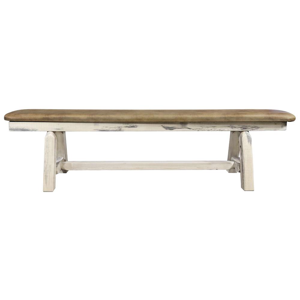Homestead Collection Plank Style Bench, Clear Lacquer Finish,  6 Foot w/ Buckskin Upholstery. Picture 2