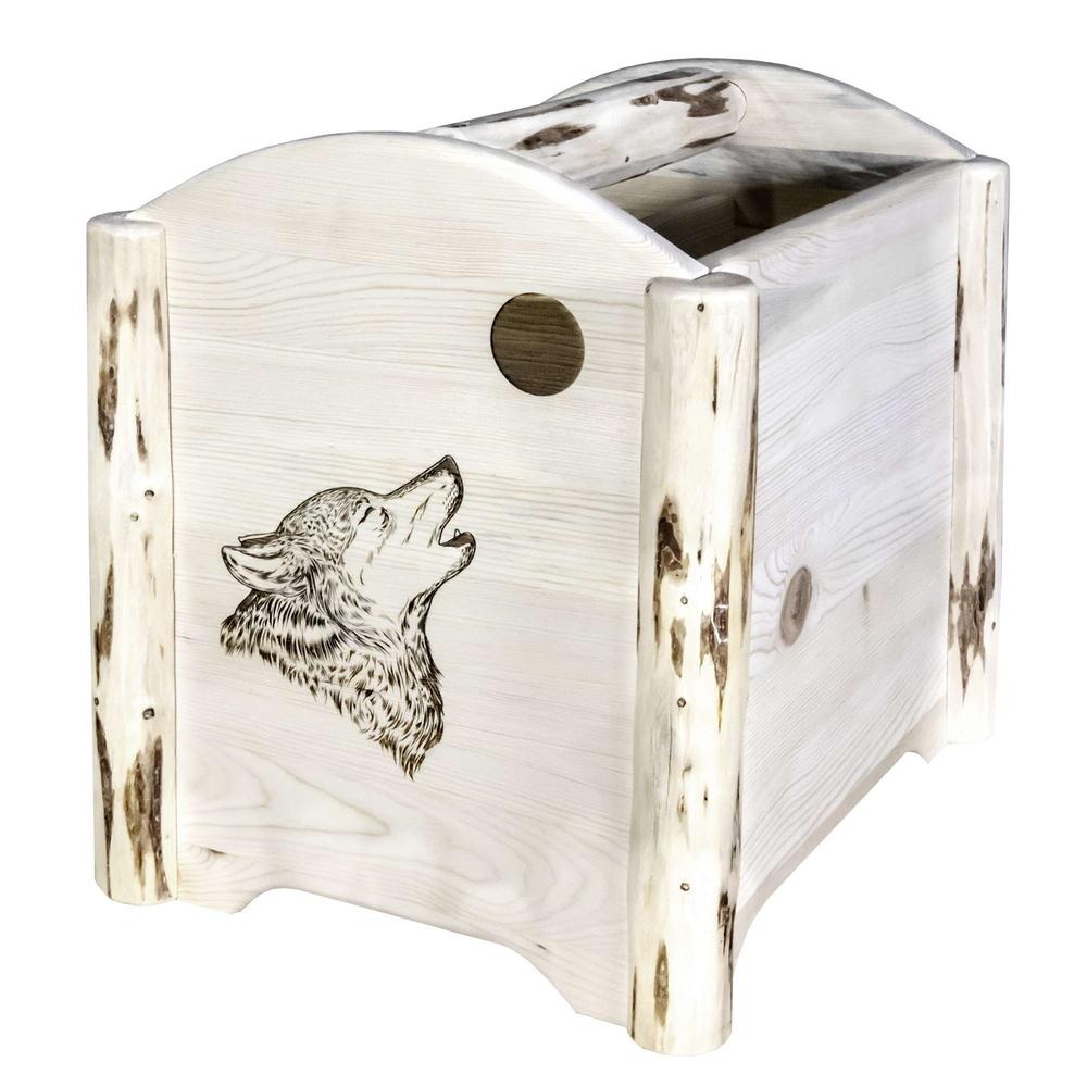 Montana Collection Magazine Rack w/ Laser Engraved Wolf Design, Clear Lacquer Finish. Picture 1