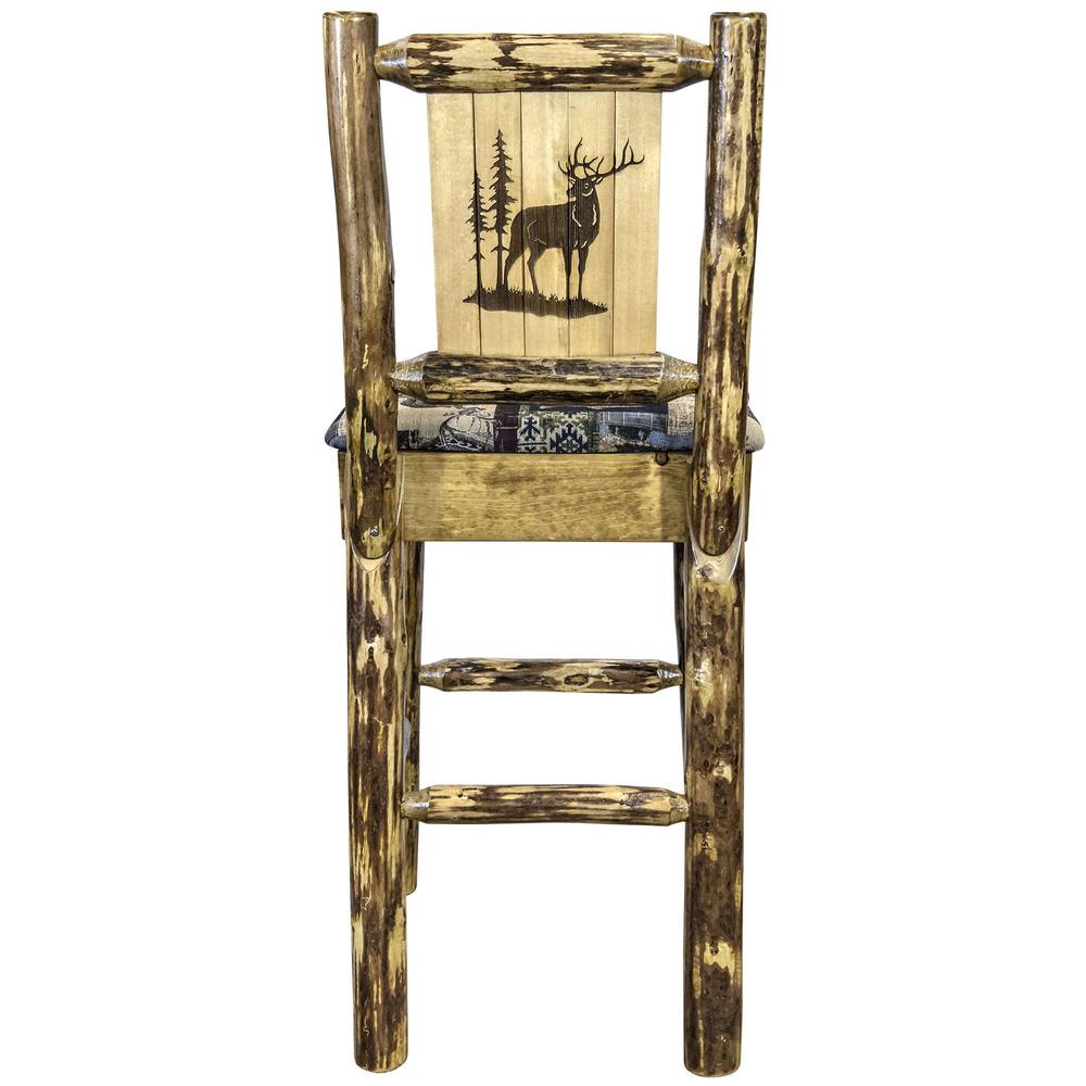 Glacier Country Collection Counter Height Barstool w/ Back - Woodland Upholstery, w/ Laser Engraved Elk Design. Picture 2