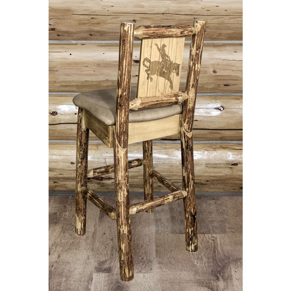 Glacier Country Collection Counter Height Barstool w/ Back - Buckskin Upholstery, w/ Laser Engraved Bronc Design. Picture 6