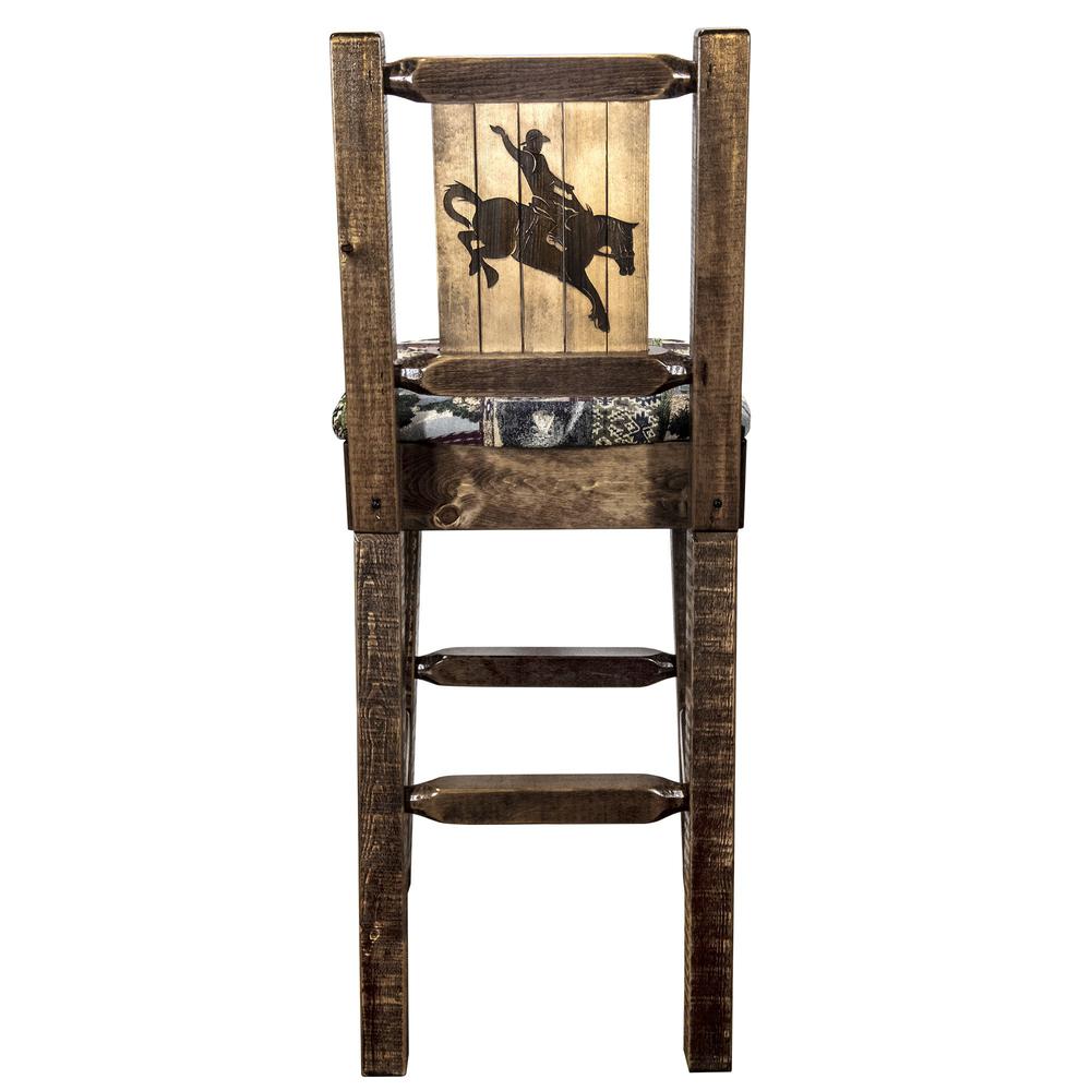 Homestead Collection Counter Height Barstool w/ Back - Woodland Upholstery, w/ Laser Engraved Bronc Design. Picture 2