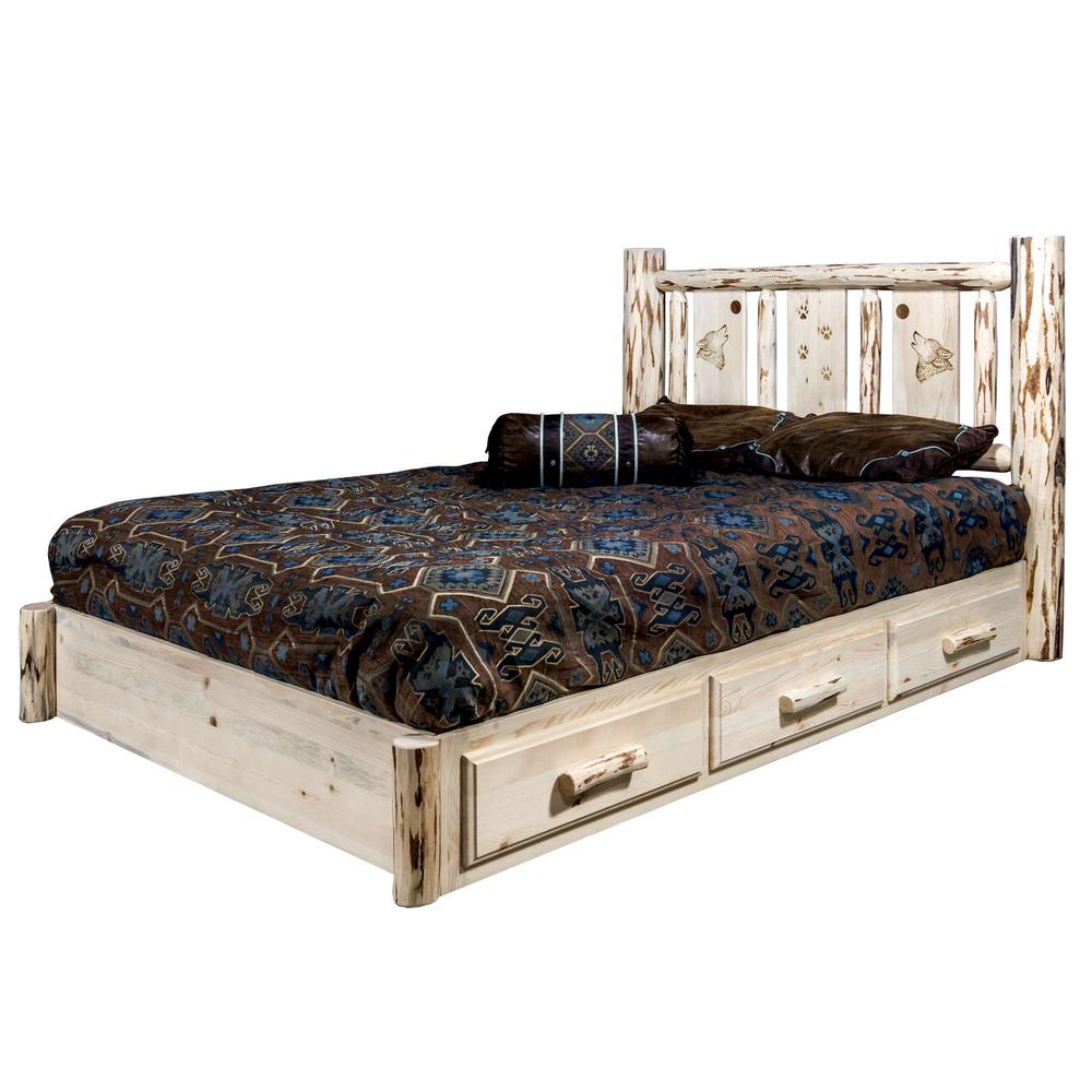 Montana Collection Platform Bed w/ Storage, King w/ Laser Engraved Wolf Design, Clear Lacquer Finish. Picture 3