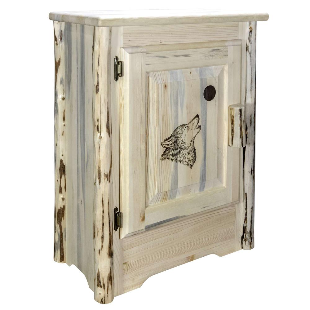 Montana Collection Accent Cabinet w/ Laser Engraved Wolf Design, Left Hinged, Clear Lacquer Finish. Picture 1