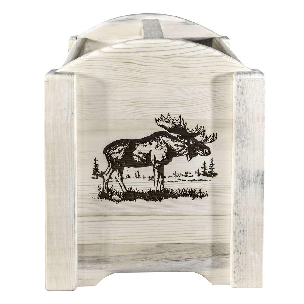 Homestead Collection Magazine Rack w/ Laser Engraved Moose Design, Clear Lacquer Finish. Picture 2