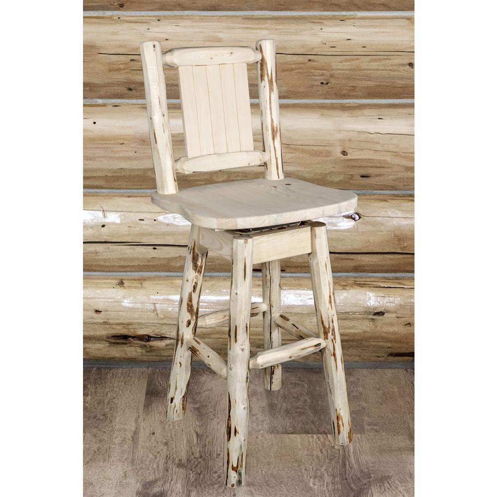 Montana Collection Counter Height Barstool w/ Back & Swivel w/ Laser Engraved Pine Tree Design, Clear Lacquer Finish. Picture 7