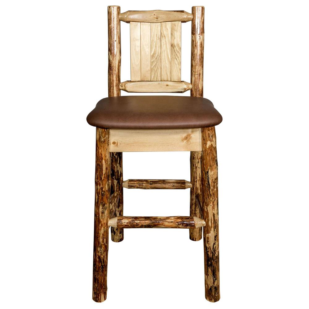 Glacier Country Collection Counter Height Barstool w/ Back - Saddle Upholstery, w/ Laser Engraved Moose Design. Picture 4