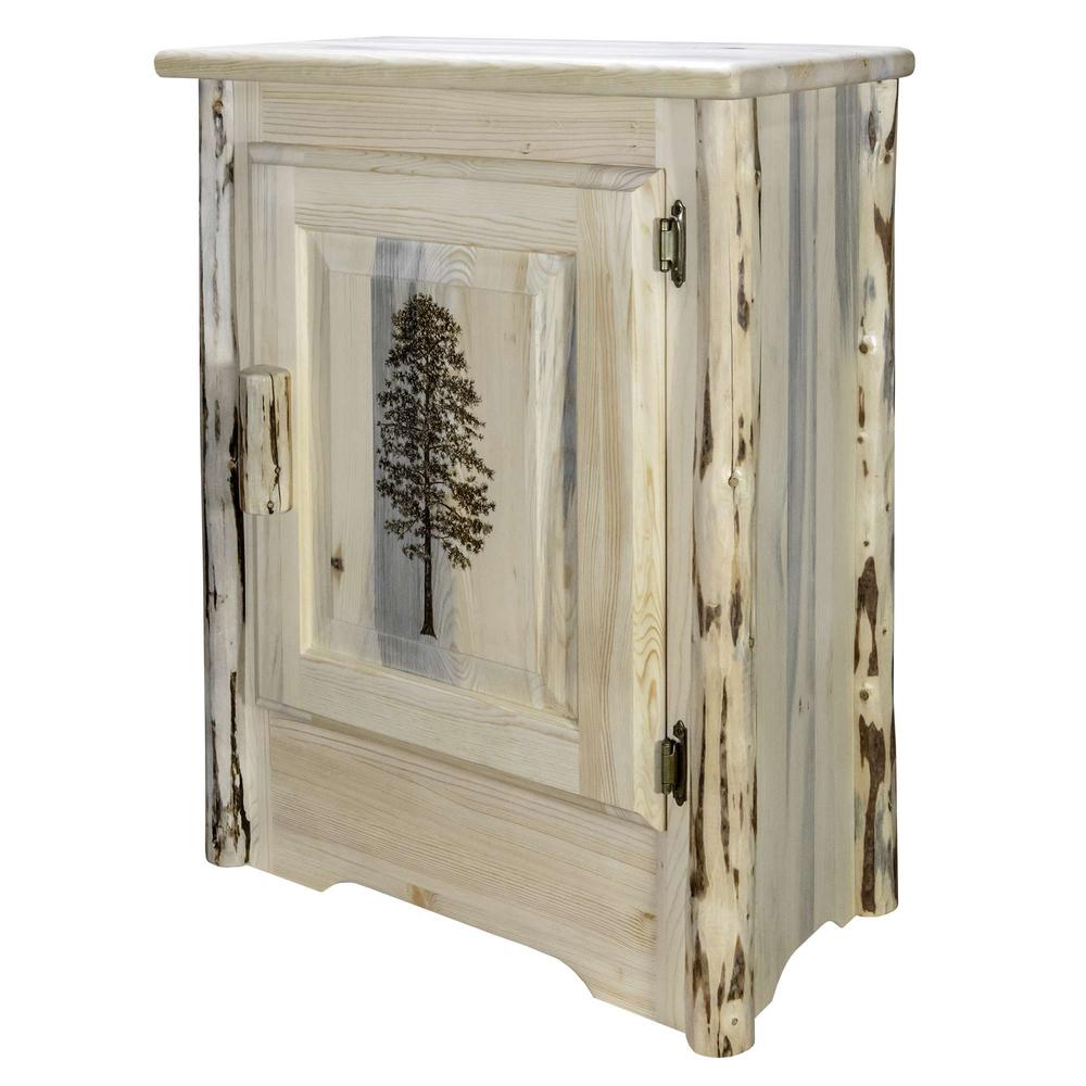 Montana Collection Accent Cabinet w/ Laser Engraved Pine Design, Right Hinged, Clear Lacquer Finish. Picture 1
