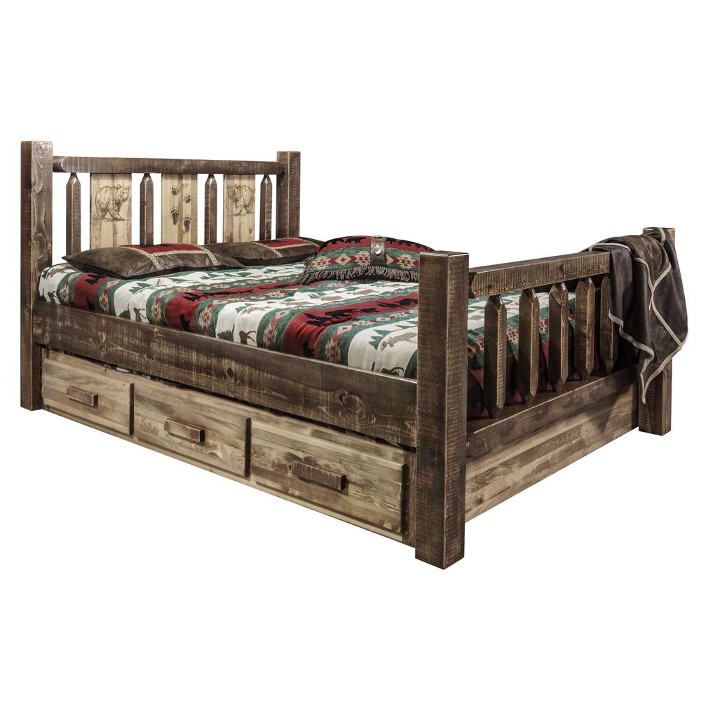 Homestead Collection Full Storage Bed w/ Laser Engraved Bear Design, Stain & Clear Lacquer Finish. Picture 1