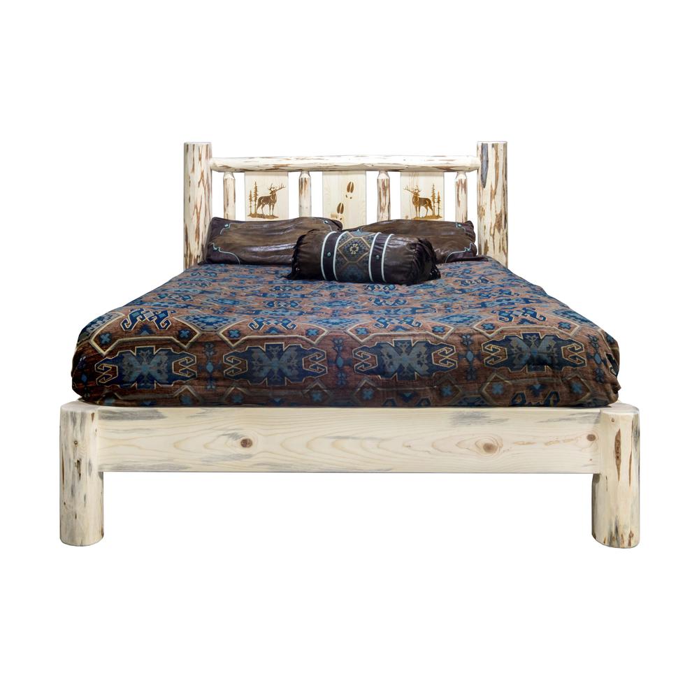 Montana Collection Full Platform Bed w/ Laser Engraved Elk Design, Clear Lacquer Finish. Picture 2