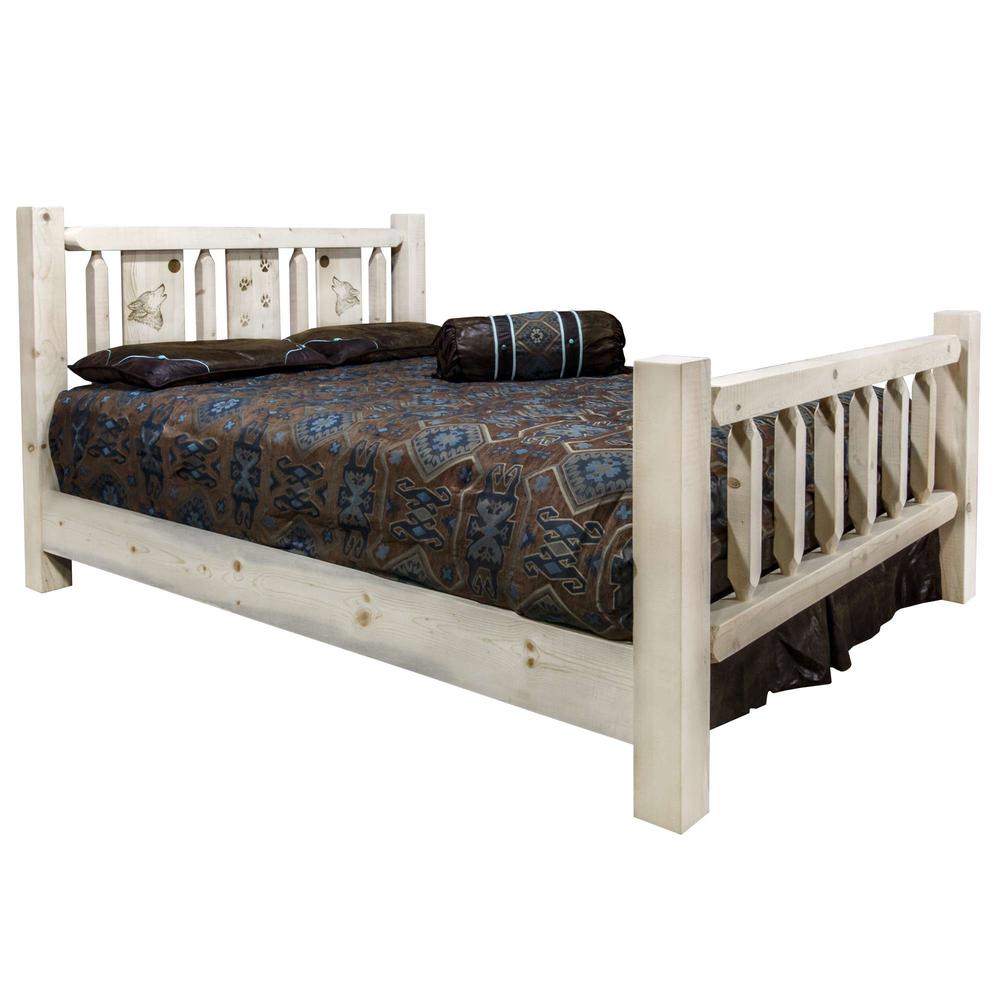 Homestead Collection Queen Bed w/ Laser Engraved Wolf Design, Clear Lacquer Finish. Picture 1