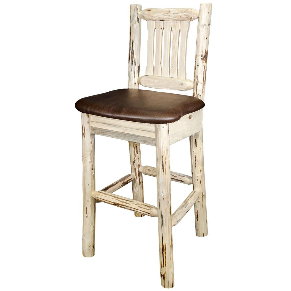 Montana Collection Barstool w/ Back, Clear Lacquer Finish w/ Upholstered Seat, Saddle Pattern. Picture 2