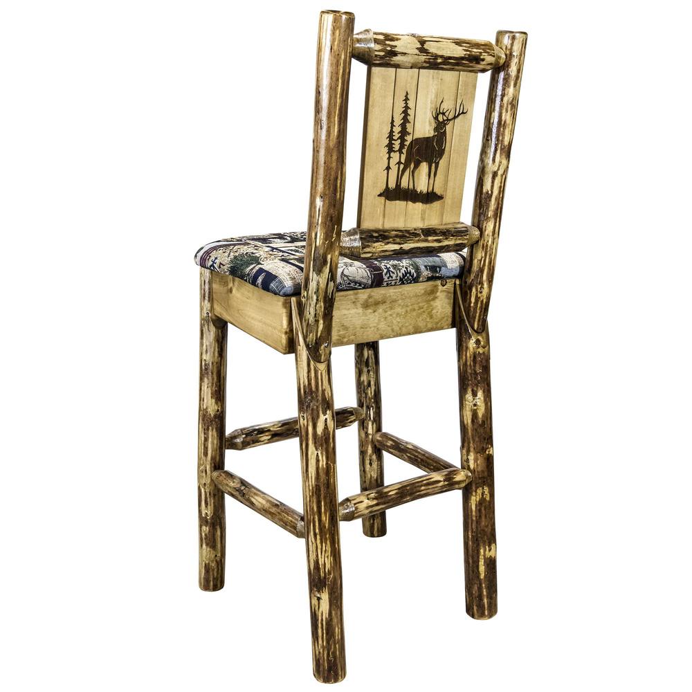 Glacier Country Collection Counter Height Barstool w/ Back - Woodland Upholstery, w/ Laser Engraved Elk Design. Picture 1