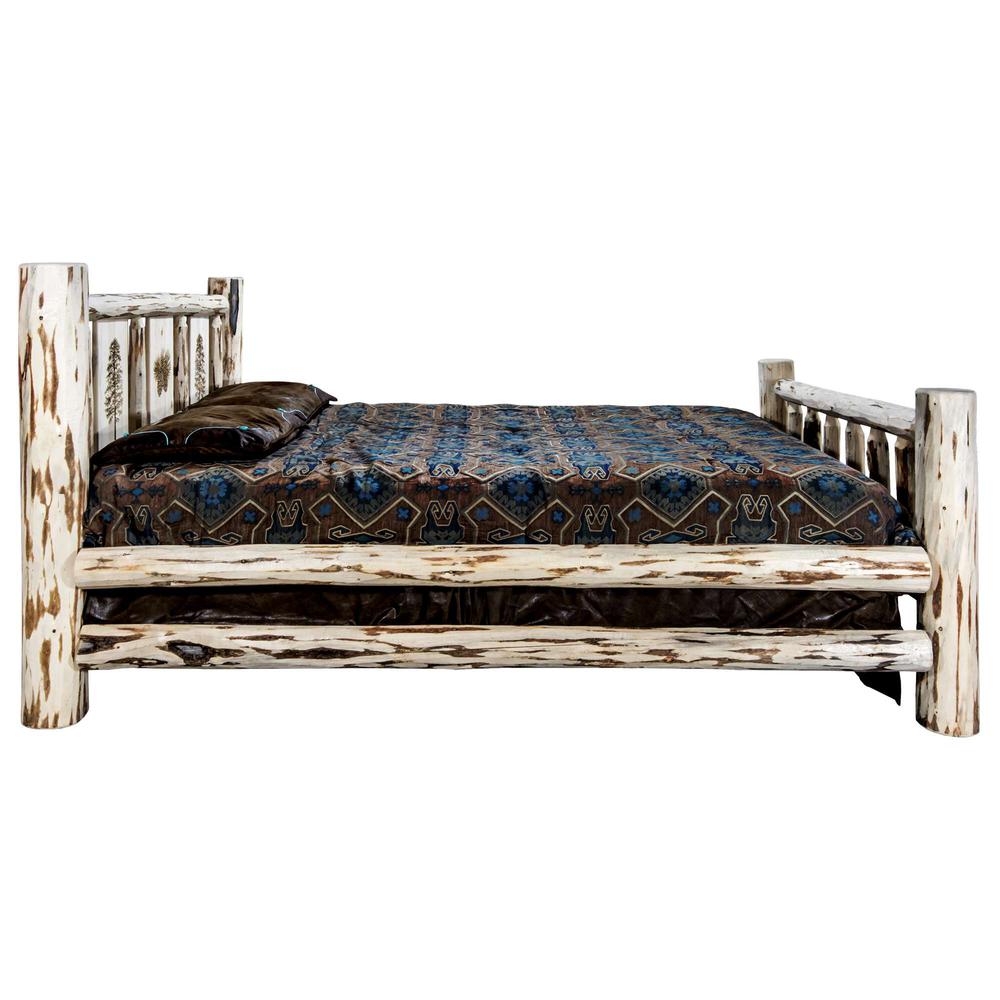 Montana Collection California King Bed w/ Laser Engraved Pine Tree Design, Clear Lacquer Finish. Picture 4