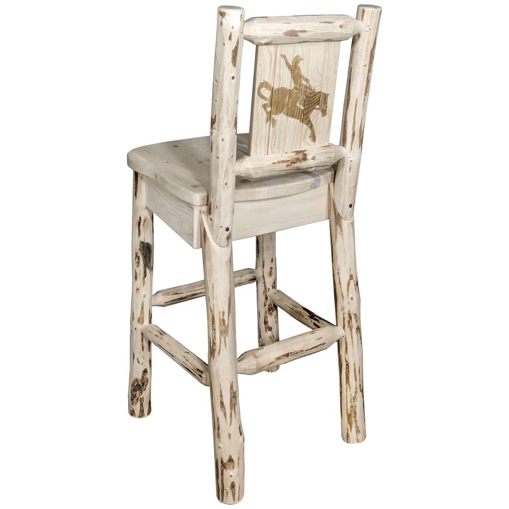 Montana Collection Counter Height Barstool w/ Back, w/ Laser Engraved Bronc Design, Clear Lacquer Finish. Picture 1