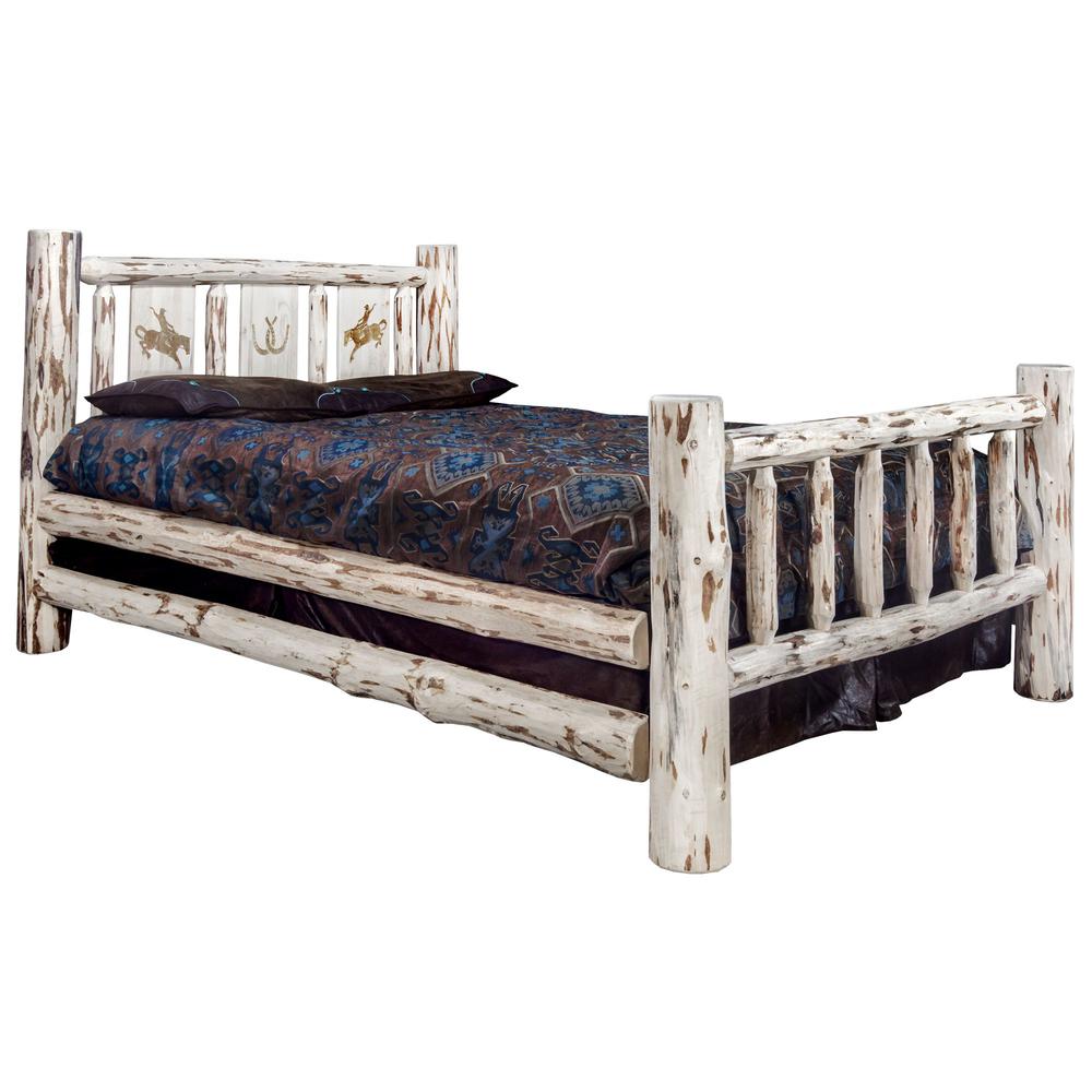 Montana Collection California King Bed w/ Laser Engraved Bronc Design, Clear Lacquer Finish. Picture 1