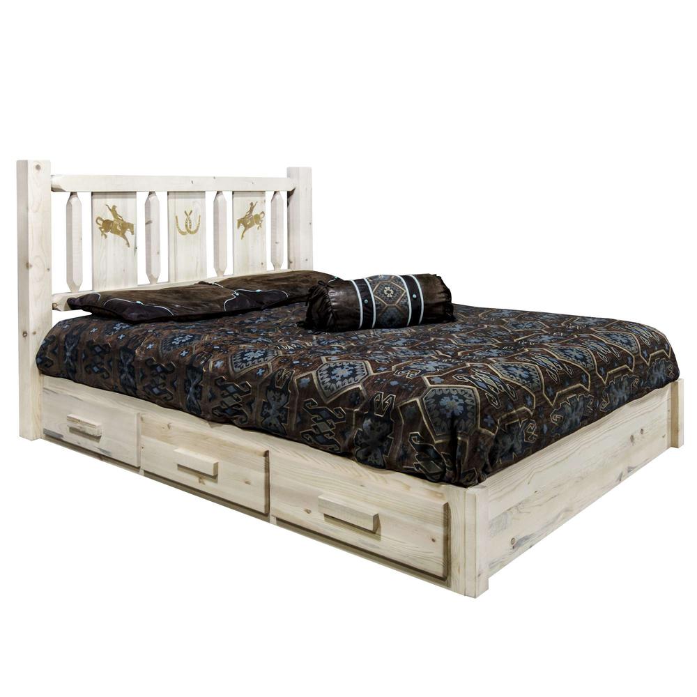 Homestead Collection Platform Bed w/ Storage, California King w/ Laser Engraved Bronc Design, Clear Lacquer Finish. Picture 1