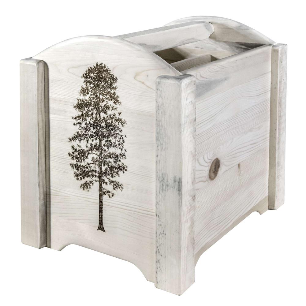 Homestead Collection Magazine Rack w/ Laser Engraved Pine Design, Clear Lacquer Finish. Picture 3