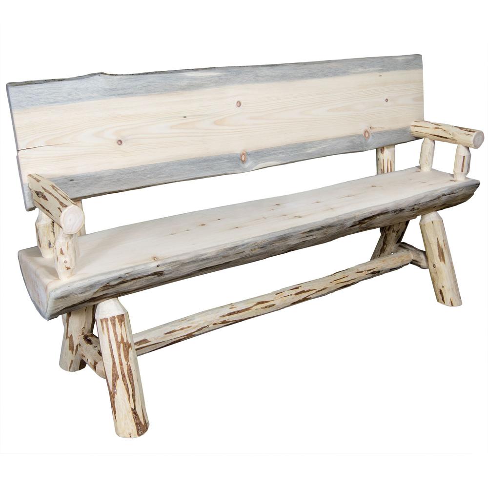 Montana Collection Half Log Bench w/ Back & Arms, Clear Lacquer Finish, 5 Foot. Picture 1