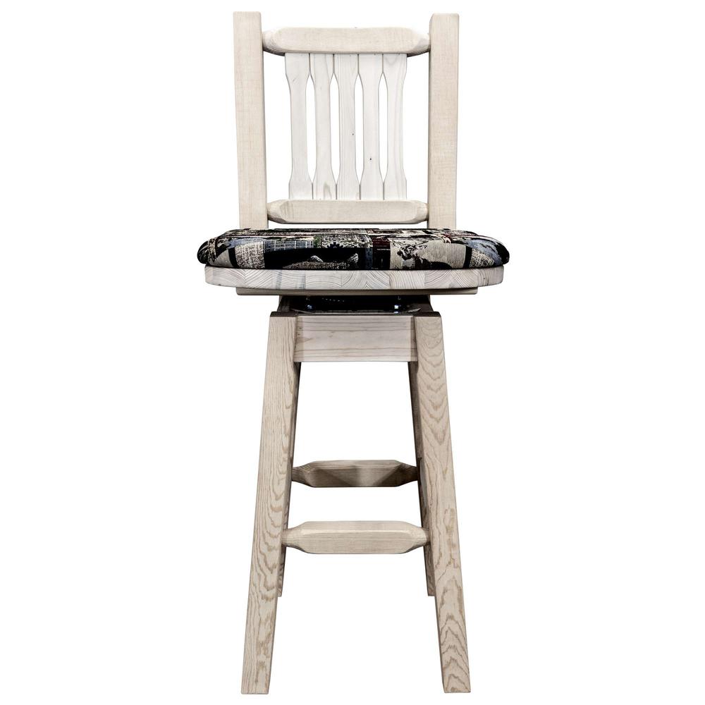 Homestead Collection Barstool w/ Back & Swivel, Clear Lacquer Finish w/ Upholstered Seat, Woodland Pattern. Picture 2