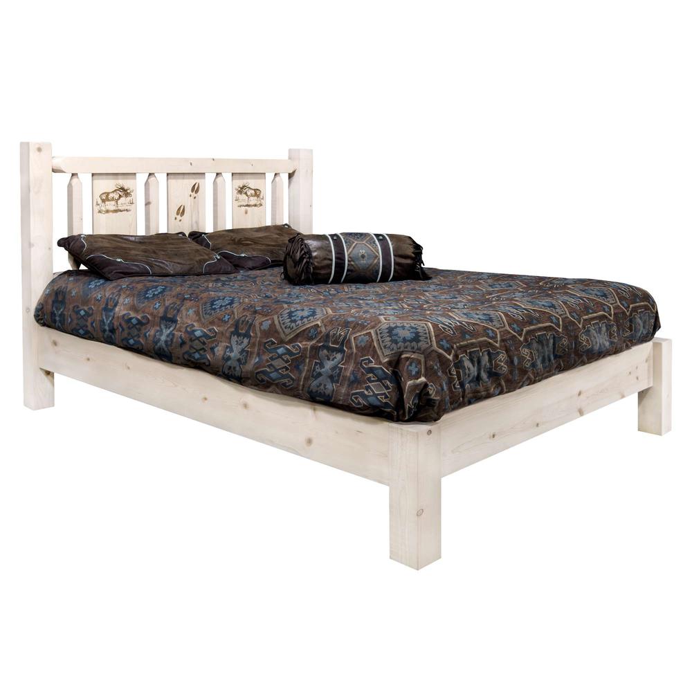 Homestead Collection California King Platform Bed w/ Laser Engraved Moose Design, Clear Lacquer Finish. Picture 1
