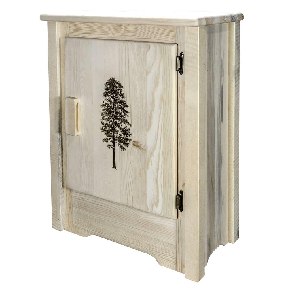 Homestead Collection Accent Cabinet w/ Laser Engraved Pine Design, Right Hinged, Clear Lacquer Finish. Picture 1