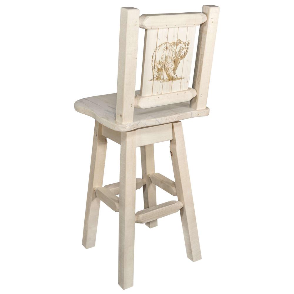Homestead Collection Counter Height Barstool w/ Back & Swivel w/ Laser Engraved Bear Design, Clear Lacquer Finish. Picture 1