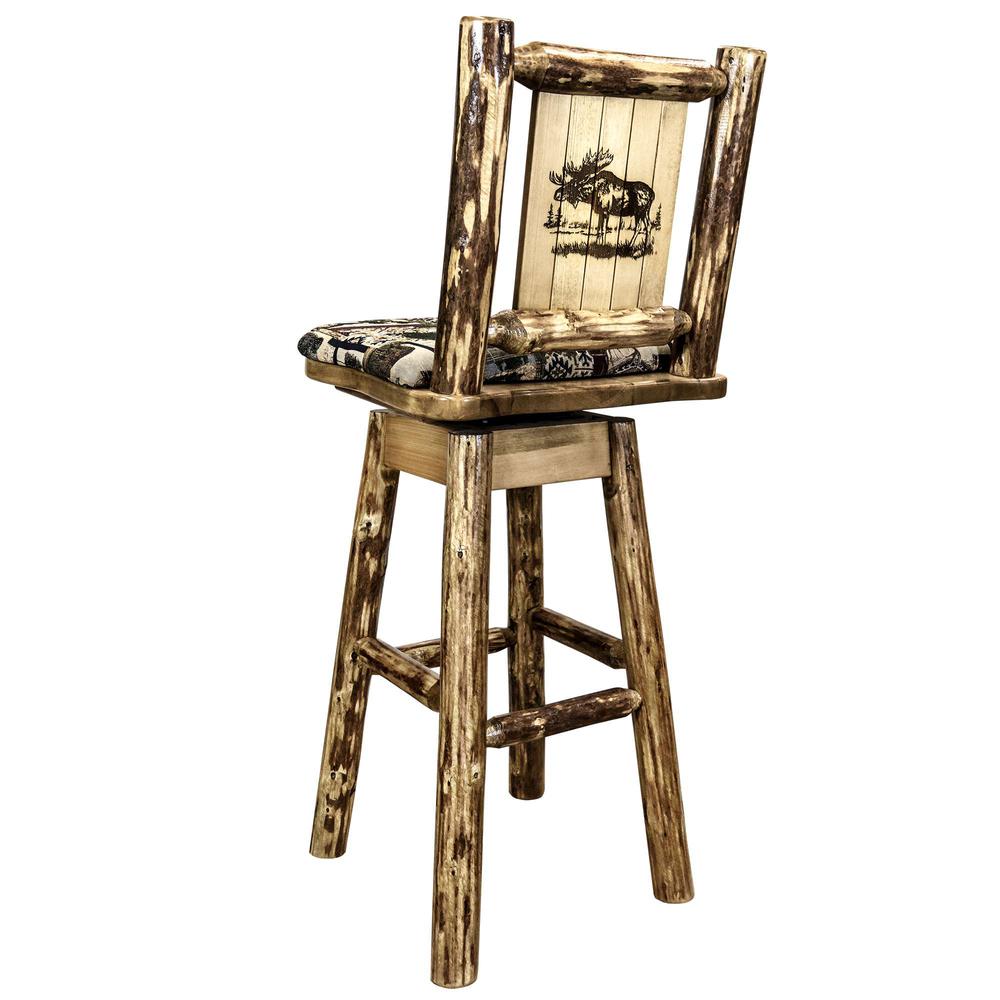 Glacier Country Collection Counter Height Barstool w/ Back & Swivel, Woodland Upholstery w/ Laser Engraved Moose Design. Picture 1