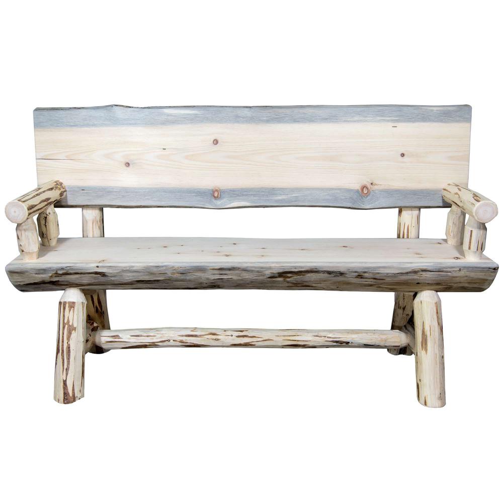 Montana Collection Half Log Bench w/ Back & Arms, Clear Lacquer Finish, 5 Foot. Picture 2