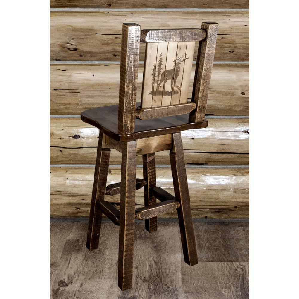 Homestead Collection Counter Height Barstool w/ Back & Swivel w/ Laser Engraved Elk Design, Stain & Lacquer Finish. Picture 6