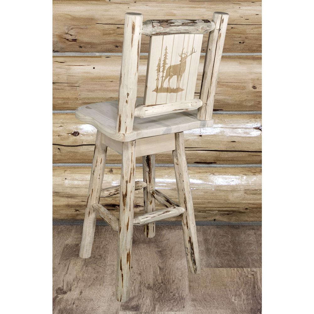 Montana Collection Counter Height Barstool w/ Back & Swivel w/ Laser Engraved Elk Design, Clear Lacquer Finish. Picture 5