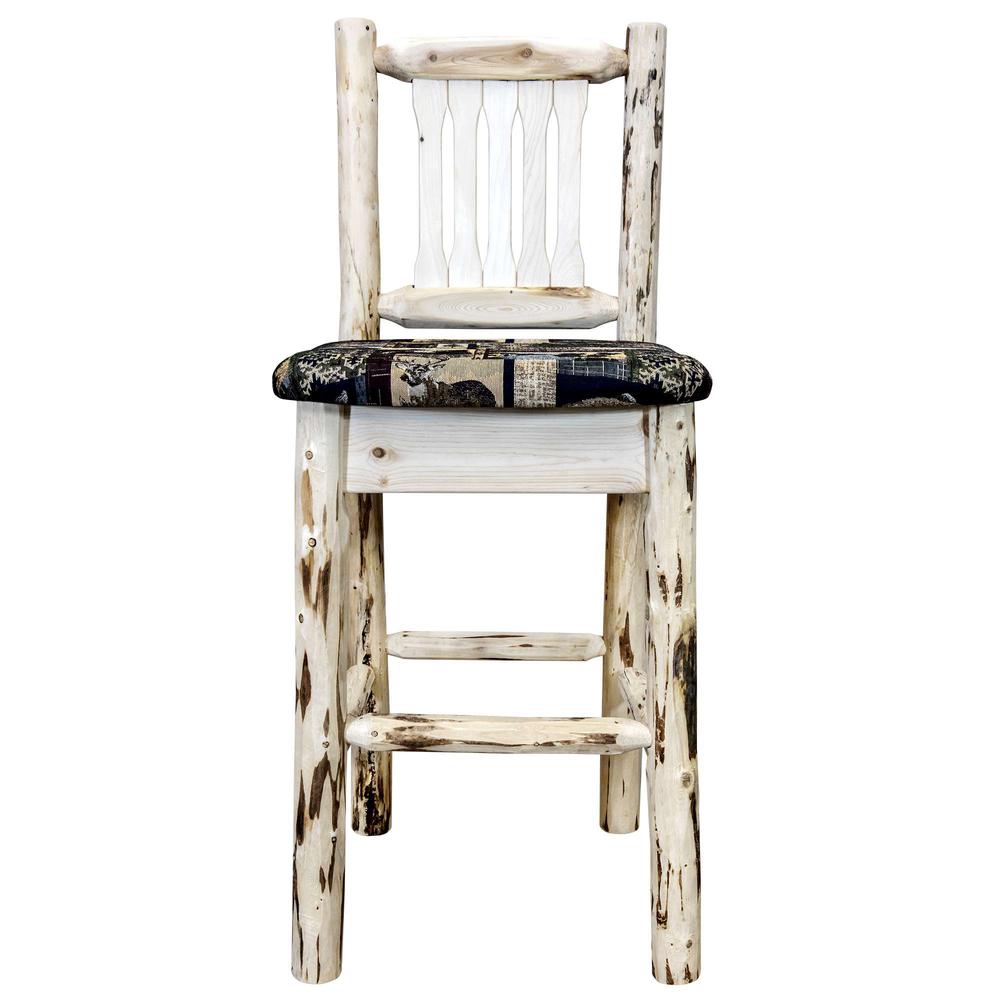 Montana Collection Barstool w/ Back, Clear Lacquer Finish w/ Upholstered Seat, Woodland Pattern. Picture 2