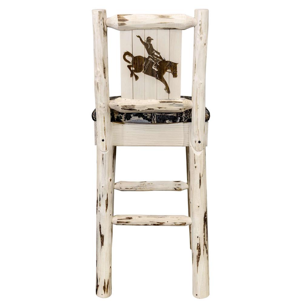 Montana Collection Barstool w/ Back - Woodland Upholstery, w/ Laser Engraved Bronc Design, Clear Lacquer Finish. Picture 2