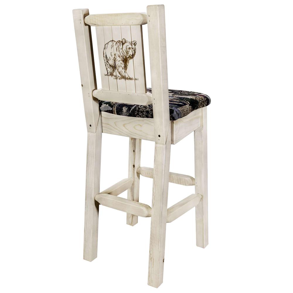 Homestead Collection Barstool w/ Back - Woodland Upholstery, w/ Laser Engraved Bear Design, Clear Lacquer Finish. Picture 1