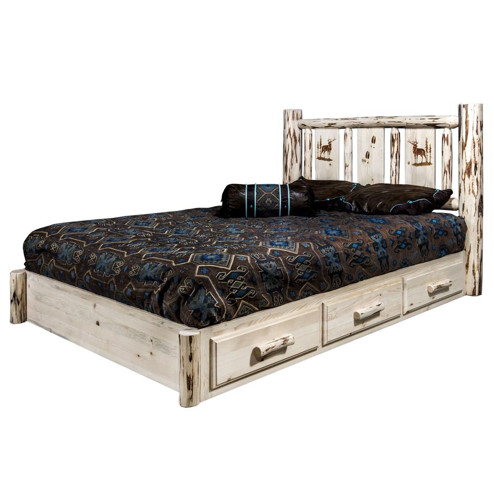 Montana Collection Platform Bed w/ Storage, California King w/ Laser Engraved Elk Design, Clear Lacquer Finish. Picture 3