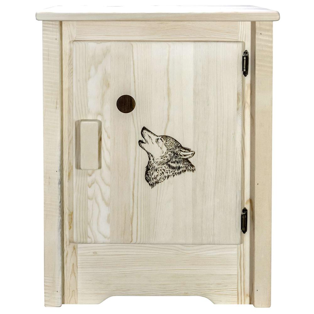 Homestead Collection Accent Cabinet w/ Laser Engraved Wolf Design, Right Hinged, Clear Lacquer Finish. Picture 2