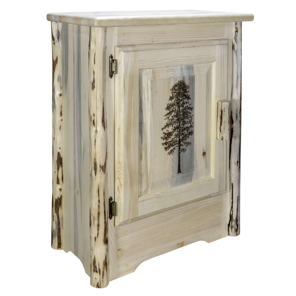 Montana Collection Accent Cabinet w/ Laser Engraved Pine Design, Left Hinged, Clear Lacquer Finish. Picture 1