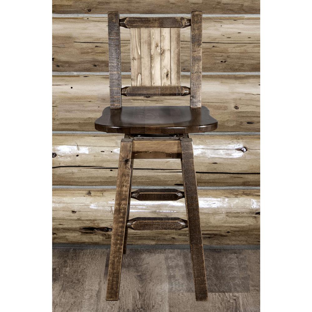 Homestead Collection Counter Height Barstool w/ Back & Swivel w/ Laser Engraved Bronc Design, Stain & Lacquer Finish. Picture 9